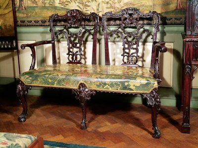 Carved sofa, with tapestry seat, similar to design by Thomas Chippendale, mid 18th century by English School